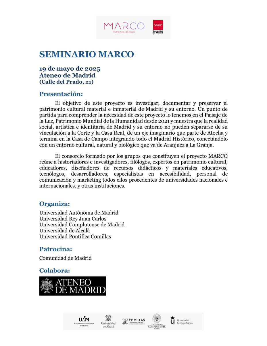 ComillasCHS (@comillaschs) on Twitter photo El Proyecto MARCO organiza un seminario sobre el patrimonio de Madrid el 🗓️19 de mayo en el📍Ateneo. Expertos de la <a href="/UCOMILLAS/">Universidad Pontificia Comillas</a> participarán en mesas redondas sobre #turismo, #educación y #museos. #PatrimonioMadrid #ProyectoMARCO #Comillas El Proyecto MARCO organiza un seminario sobre el patrimonio de Madrid el 🗓️19 de mayo en el📍Ateneo. Expertos de la <a href="/UCOMILLAS/">Universidad Pontificia Comillas</a> participarán en mesas redondas sobre #turismo, #educación y #museos. #PatrimonioMadrid #ProyectoMARCO #Comillas