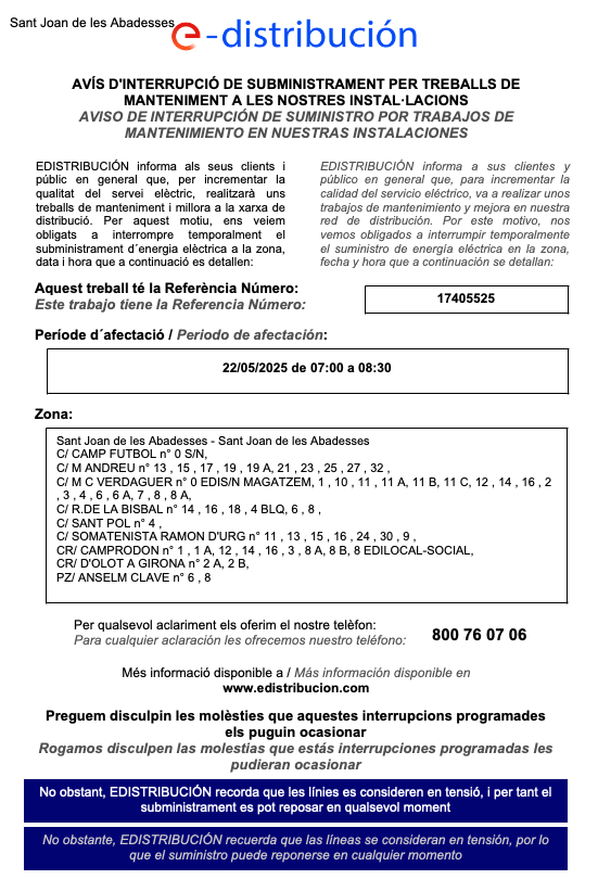 🔌⚡ AVÍS D'INTERRUPCIÓ de subministrament a clients amb E-distribución. L'afectació prevista és de les 7 a les 8.30 h, del dijous 22 de maig de 2025. Consulteu la imatge per a més informació sobre els carrers afectats #StJoanAb