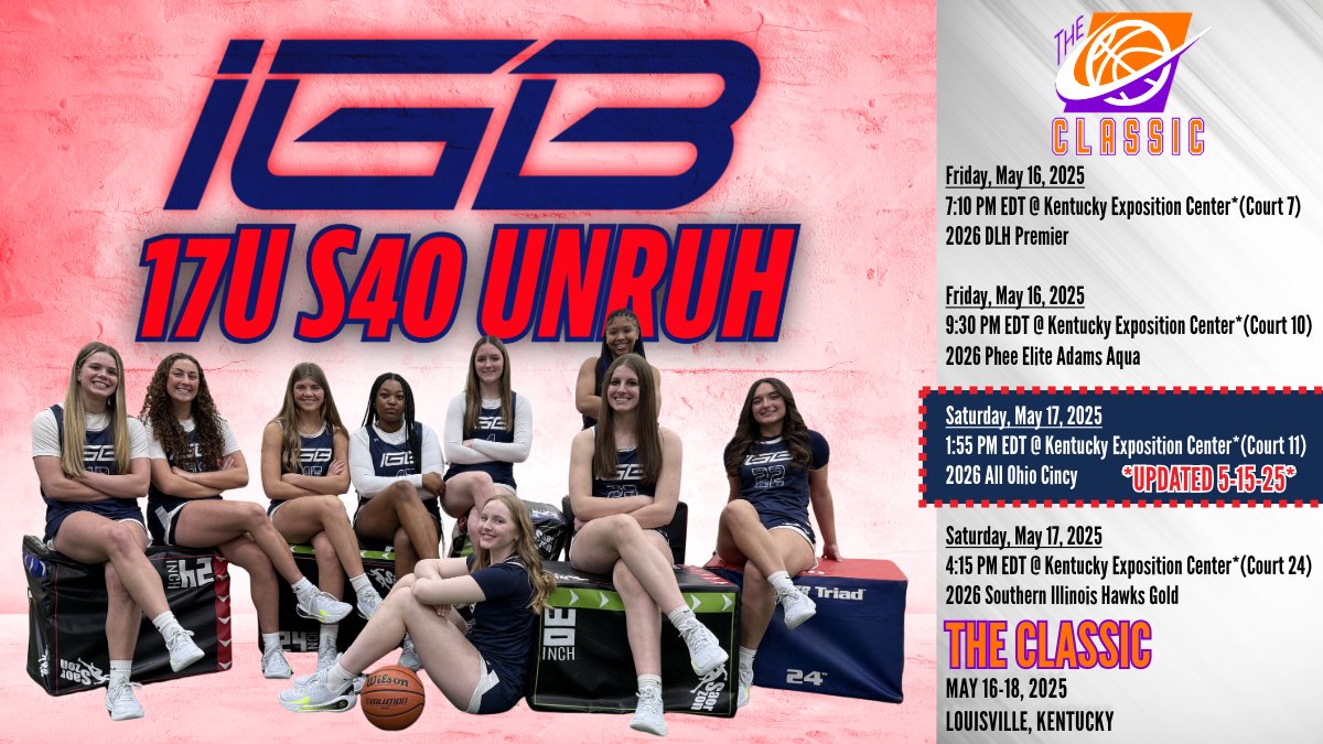 🚨 Schedule Update for The Classic 🚨
Our first Saturday game has been updated — now tipping off at 1:55 PM EDT!
📍 Team: IGB 17U S40 UNRUH
📅 May 16–18 | 📍 Louisville, KY
Coaches, come check out the squad — these girls can hoop! 🏀🔥 <a href="/IGB_Hoops_News/">𝑰𝑮𝑩 𝑵𝒆𝒘𝒔</a> <a href="/IGB_Hoops/">Indiana Girls Basketball</a> 
#TheClassic