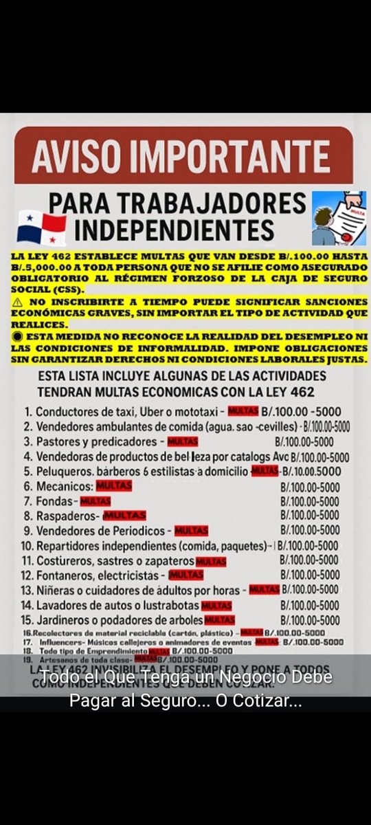 Circula en redes, ahora la señora de la esquina que vende sao a $2.50 va tener que pagar seguro sino la multan con hasta 5,000? Y esa señora no creo que viva hasta su jubilación. Estrangulación del sector informal? Los leo.