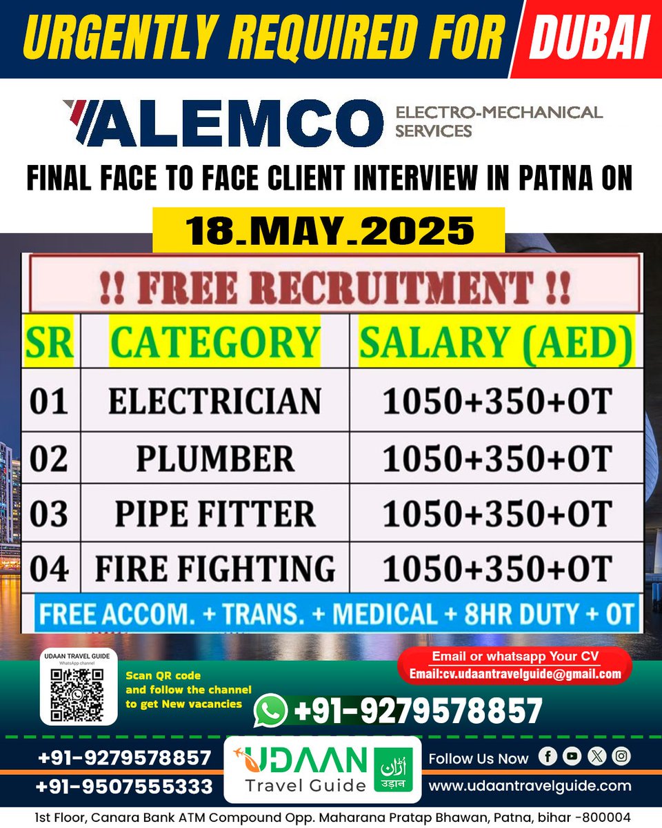 UdaanGuide's tweet photo. 🚨 Opportunity Alert for Skilled Workers!

Looking to build your career in Dubai? ✈️
Udaan Travel Guide brings you direct client interviews in Patna on 18th May 2025 for top technical roles like Electrician, Plumber, Pipe Fitter, and Fire Fighting Technician.
#DubaiJobs https://t.co/g8MkT4djD8