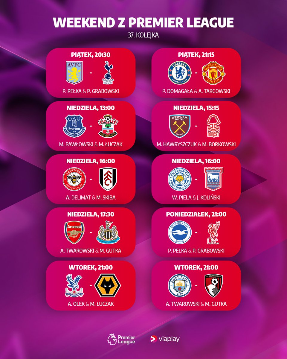 Czas na przedostatnią, 37. kolejkę Premier League! Oto rozpiska meczów i komentatorów. 

➡️ Nasze piątkowe studio multiligi rusza o 20:00
➡️ Multiliga w niedzielę o 16:00
➡️ Magazyn Premier League we wtorek o 19:30

#domPremierLeague