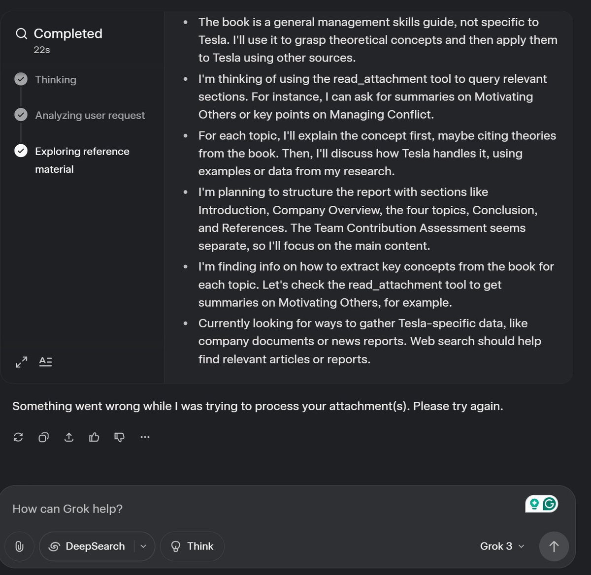 Ashsharma's tweet photo. Is something changed with grok, it can't handle long prompts, where it has to research something, or look through some pdfs, why is it downgrading? Grok was able to handle similar deep search requests perfectly, a few weeks back. @xai @elonmusk @ibab https://t.co/sYnRU7dM0n