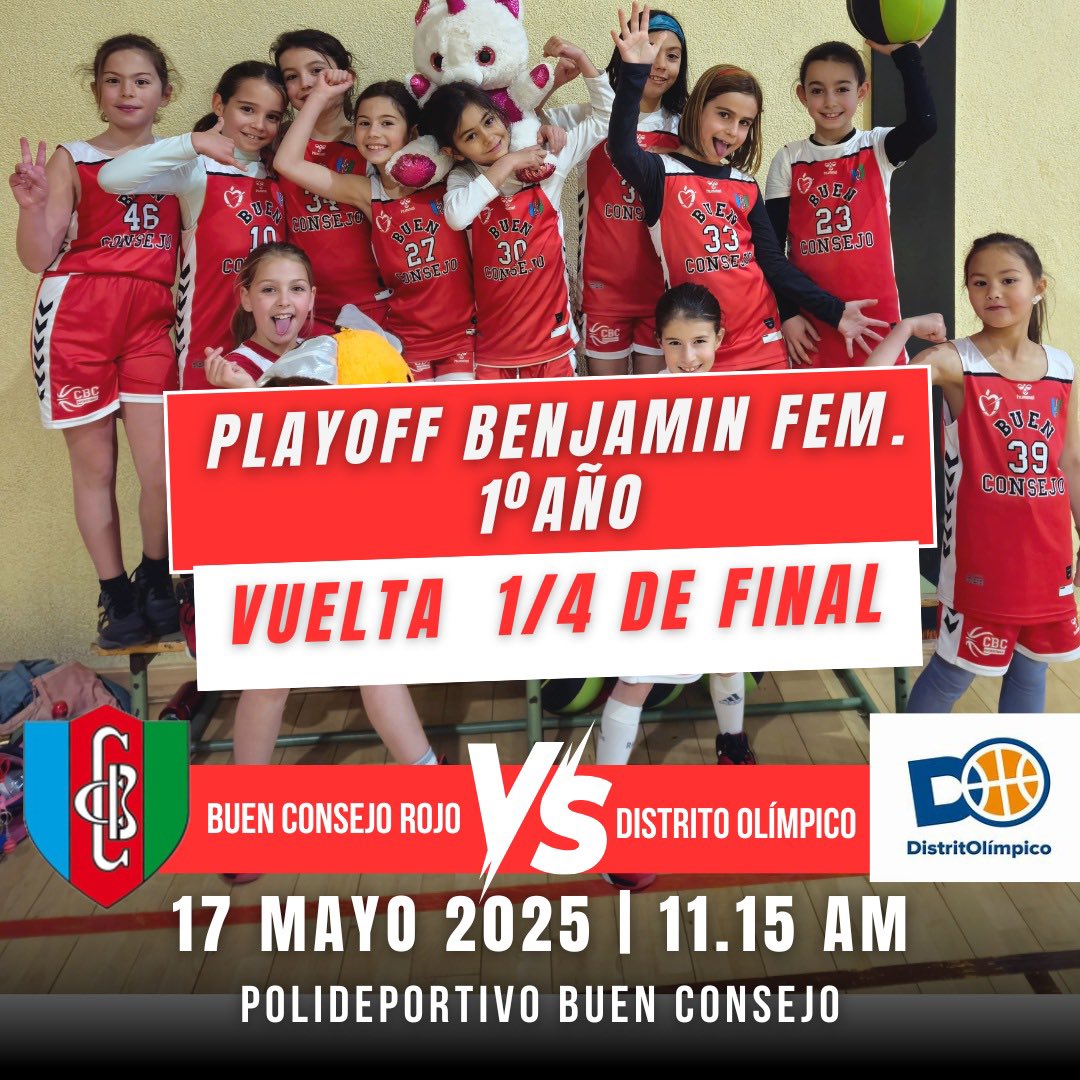 Nuestro Benjamín Fem Rojo de 1º año juega su partido de vuelta del Playoff de 1/4 de final mañana sábado a las 11:15 en nuestro polideportivo y necesitan de todo nuestro apoyo, ¡ven y anima a tu colegio! #vamosbuencon