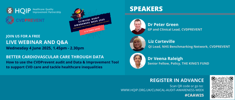 Healthcare Quality Improvement Partnership (@hqip) on Twitter photo Join the free <a href="/CVDPREVENTaudit/">CVDPREVENT</a> and <a href="/HQIP/">Healthcare Quality Improvement Partnership</a> webinar on 4 June, 1:45-2:30pm to explore how data tools are transforming #CVDtreatment.
Hear insights from Dr Peter Green, Liz Corteville, and Dr Veena Raleigh.
Pre-registration is essential: events.teams.microsoft.com/event/96a3d38e…
#CAAW25 #CVD Join the free <a href="/CVDPREVENTaudit/">CVDPREVENT</a> and <a href="/HQIP/">Healthcare Quality Improvement Partnership</a> webinar on 4 June, 1:45-2:30pm to explore how data tools are transforming #CVDtreatment.
Hear insights from Dr Peter Green, Liz Corteville, and Dr Veena Raleigh.
Pre-registration is essential: events.teams.microsoft.com/event/96a3d38e…
#CAAW25 #CVD