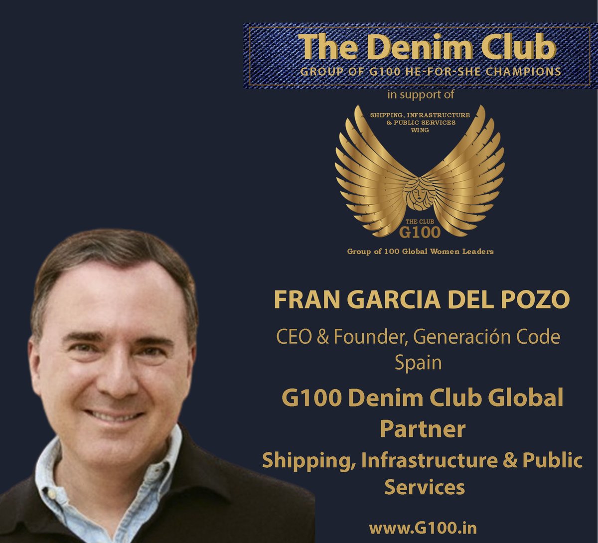 G100 (@g100wefleaders) on Twitter photo On behalf of H.E. Natalia Royo de Hagerman, G100 Global Chair for Shipping, Infrastructure & Public Services, welcoming for this wing G100 Denim Club partner and inspiring leader, Fran Garcia Del Pozo, CEO & Founder, Generación Code, Spain. #G100denimclub #HeForShe On behalf of H.E. Natalia Royo de Hagerman, G100 Global Chair for Shipping, Infrastructure & Public Services, welcoming for this wing G100 Denim Club partner and inspiring leader, Fran Garcia Del Pozo, CEO & Founder, Generación Code, Spain. #G100denimclub #HeForShe