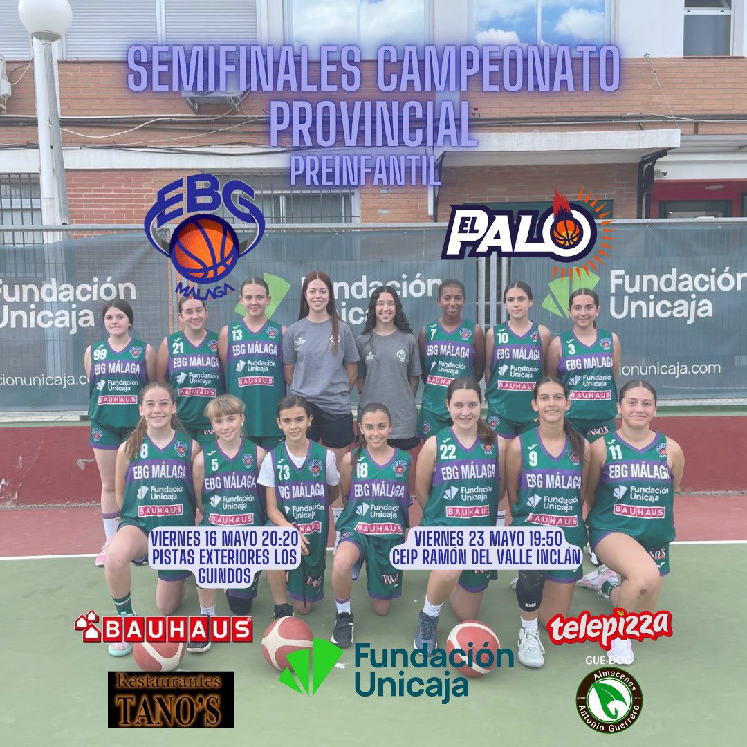 EBG Málaga (@ebgmalaga) on Twitter photo Toca el turno de las semifinales para nuestro Preinfantil femenino frente a <a href="/cbelpalo/">𝙲𝚕𝚞𝚋 𝙱𝚊𝚕𝚘𝚗𝚌𝚎𝚜𝚝𝚘 𝙴𝚕 𝙿𝚊𝚕𝚘</a>
Tanto hoy como el próximo viernes podremos disfrutar de este equipazo afrontando el reto de conseguir un hueco en la final de Málaga
<a href="/FundUnicaja/">Fundación Unicaja</a>
<a href="/BAUHAUS_es/">BAUHAUS España</a>
<a href="/telepizza_es/">Telepizza España 🍕</a>
#somosEBG🧡💚 Toca el turno de las semifinales para nuestro Preinfantil femenino frente a <a href="/cbelpalo/">𝙲𝚕𝚞𝚋 𝙱𝚊𝚕𝚘𝚗𝚌𝚎𝚜𝚝𝚘 𝙴𝚕 𝙿𝚊𝚕𝚘</a>
Tanto hoy como el próximo viernes podremos disfrutar de este equipazo afrontando el reto de conseguir un hueco en la final de Málaga
<a href="/FundUnicaja/">Fundación Unicaja</a>
<a href="/BAUHAUS_es/">BAUHAUS España</a>
<a href="/telepizza_es/">Telepizza España 🍕</a>
#somosEBG🧡💚
