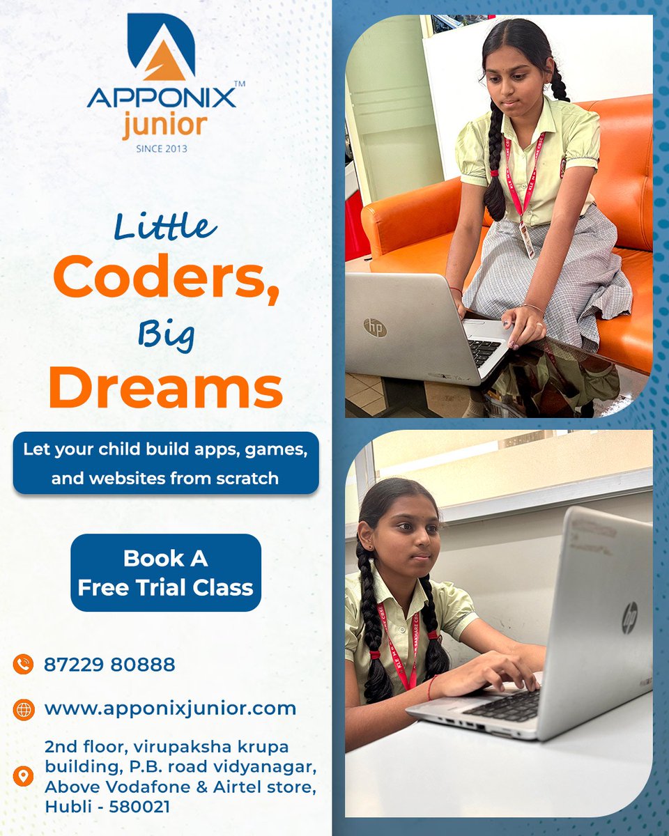 apponixjunior's tweet image. 👧💻 Little Coders, Big Dreams
Turn curiosity into coding skills with Apponix Junior 🚀
Fun, interactive classes for kids in Hubli.
🎁 Book a Free Trial
📞 87229 80888 | 🌐 apponixjunior.com
#KidsWhoCode #STEMLearning #FreeTrialClass #HubliEducation