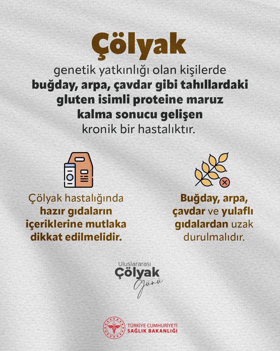 Çölyak, genetik yatkınlığı olan kişilerde buğday, arpa, çavdar gibi tahıllardaki gluten isimli proteine maruz kalma sonucu gelişen kronik bir hastalıktır. 

#UluslararasıÇölyakGünü
