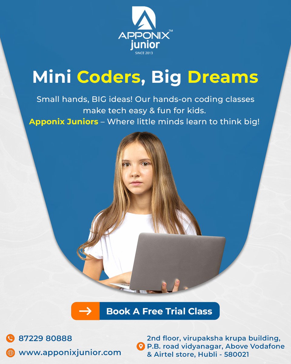 apponixjunior's tweet image. 👧💻 Mini Coders, Big Dreams
Fun, creative coding at Apponix Junior 🚀
Apps, games &amp;amp; more—hands-on learning for kids
🎁 Book a Free Trial
📞 87229 80888 | 🌐 apponixjunior.com
#KidsWhoCode #STEMForKids #FreeTrialClass #HubliClasses