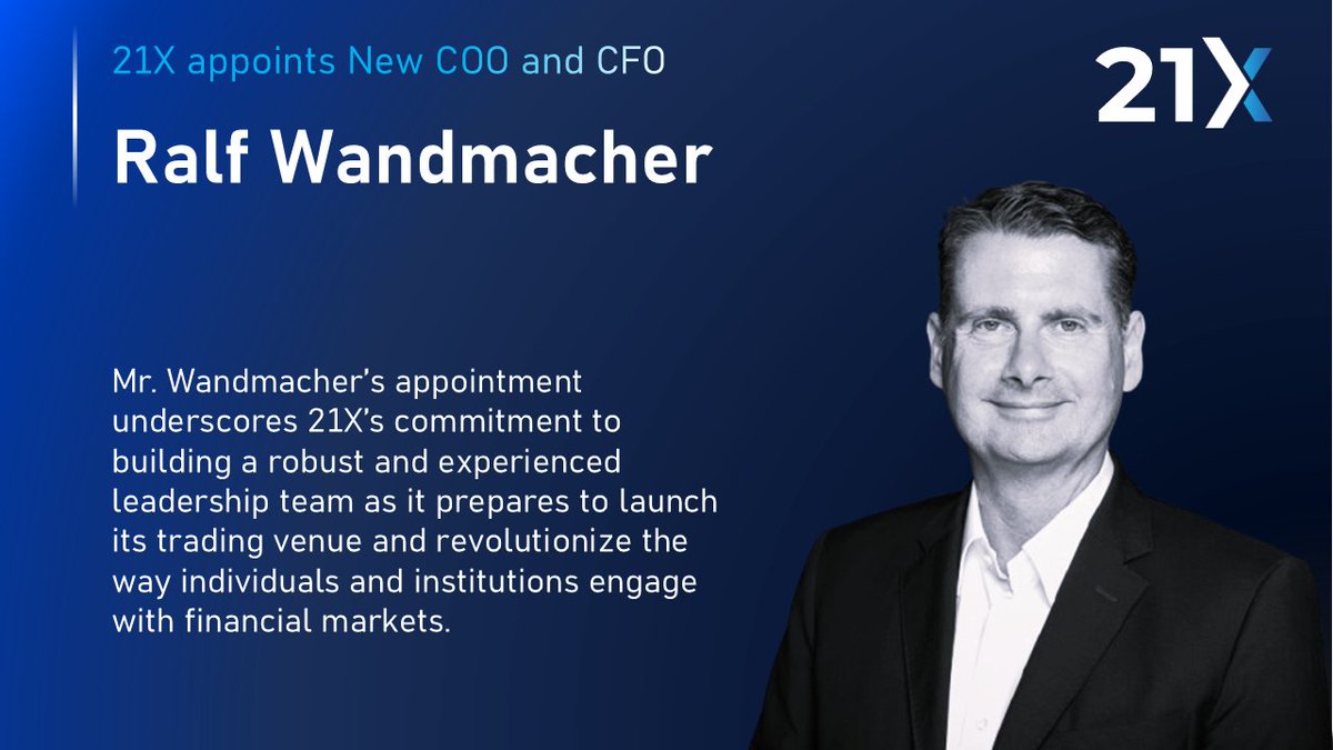 21X - European DLT Exchange (@tradeon21x) on Twitter photo Today 21X announced the appointment of Prof. <a href="/RalfWandmacher/">Ralf Wandmacher</a> as our Chief Operating Officer (COO) and Chief Financial Officer (CFO), effective immediately. Ralf will also join the company’s management board, bringing a wealth of experience from both traditional finance and the Today 21X announced the appointment of Prof. <a href="/RalfWandmacher/">Ralf Wandmacher</a> as our Chief Operating Officer (COO) and Chief Financial Officer (CFO), effective immediately. Ralf will also join the company’s management board, bringing a wealth of experience from both traditional finance and the