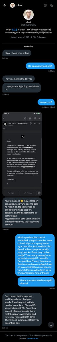 W8NEXU's tweet photo. Hello, just a reminder lang na if someone messaged you na nireport daw yung acc niyo falsely (see pic below), pls don't engage, report and block it immediately. I received one from @bbyumingyu then my friend received one too, same content. https://t.co/2jGoO3hcgj