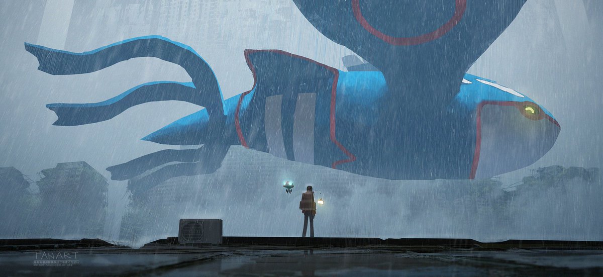 雨の廃墟とポケモンたち