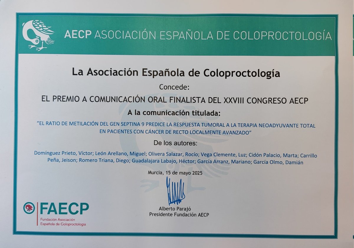 Víctor Domínguez (@vicdominguez93) on Twitter photo Gracias a la <a href="/AECP_FAECP/">AECP</a> por seleccionar nuestro trabajo como una de las mejores comunicaciones del congreso #AECP2025 y por permitirnos compartir nuestros resultados. <a href="/mleonare/">Miguel León Arellano</a> <a href="/marianog65/">#marianogarciaarranz</a> <a href="/h_guadalajara/">Hector Guadalajara</a> <a href="/GarciaOlmoD/">Damian Garcia-Olmo, Professor of Surgery</a> Gracias a la <a href="/AECP_FAECP/">AECP</a> por seleccionar nuestro trabajo como una de las mejores comunicaciones del congreso #AECP2025 y por permitirnos compartir nuestros resultados. <a href="/mleonare/">Miguel León Arellano</a> <a href="/marianog65/">#marianogarciaarranz</a> <a href="/h_guadalajara/">Hector Guadalajara</a> <a href="/GarciaOlmoD/">Damian Garcia-Olmo, Professor of Surgery</a>