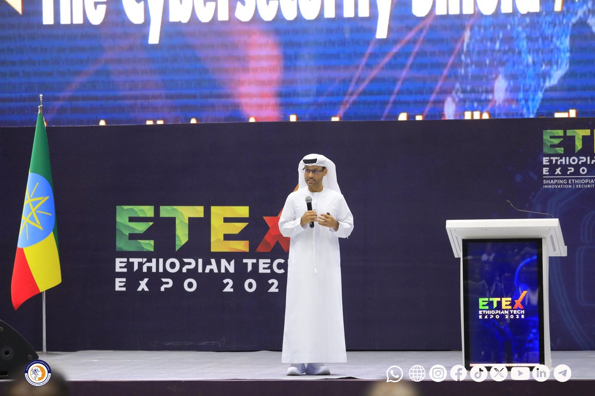 EthiopianAII's tweet photo. On Day 1 of #ETEX2025, Dr. Mohammed Al Kuwaiti, Chairman of the UAE Cybersecurity Council, delivered a compelling keynote speech titled “Resilience by Design: Integrating Cybersecurity Frameworks into Digital Transformation.” https://t.co/KYTMiquiYE