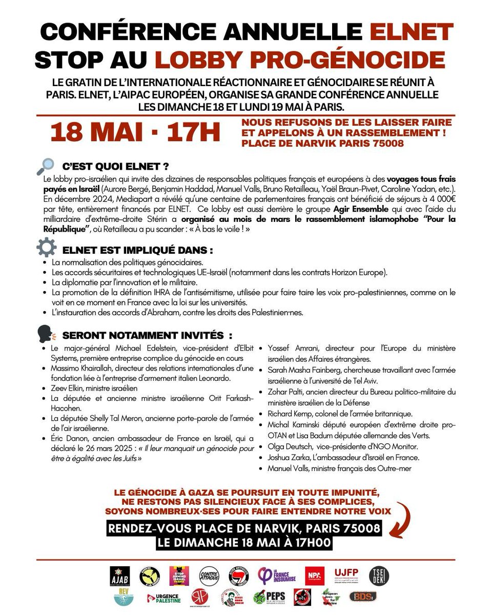 À Paris (8ème), rassemblement contre Elnet, le lobby pro-génocide
Place de narvik à 17h le 18 mai 2025
ujfp.org/evenements/app…