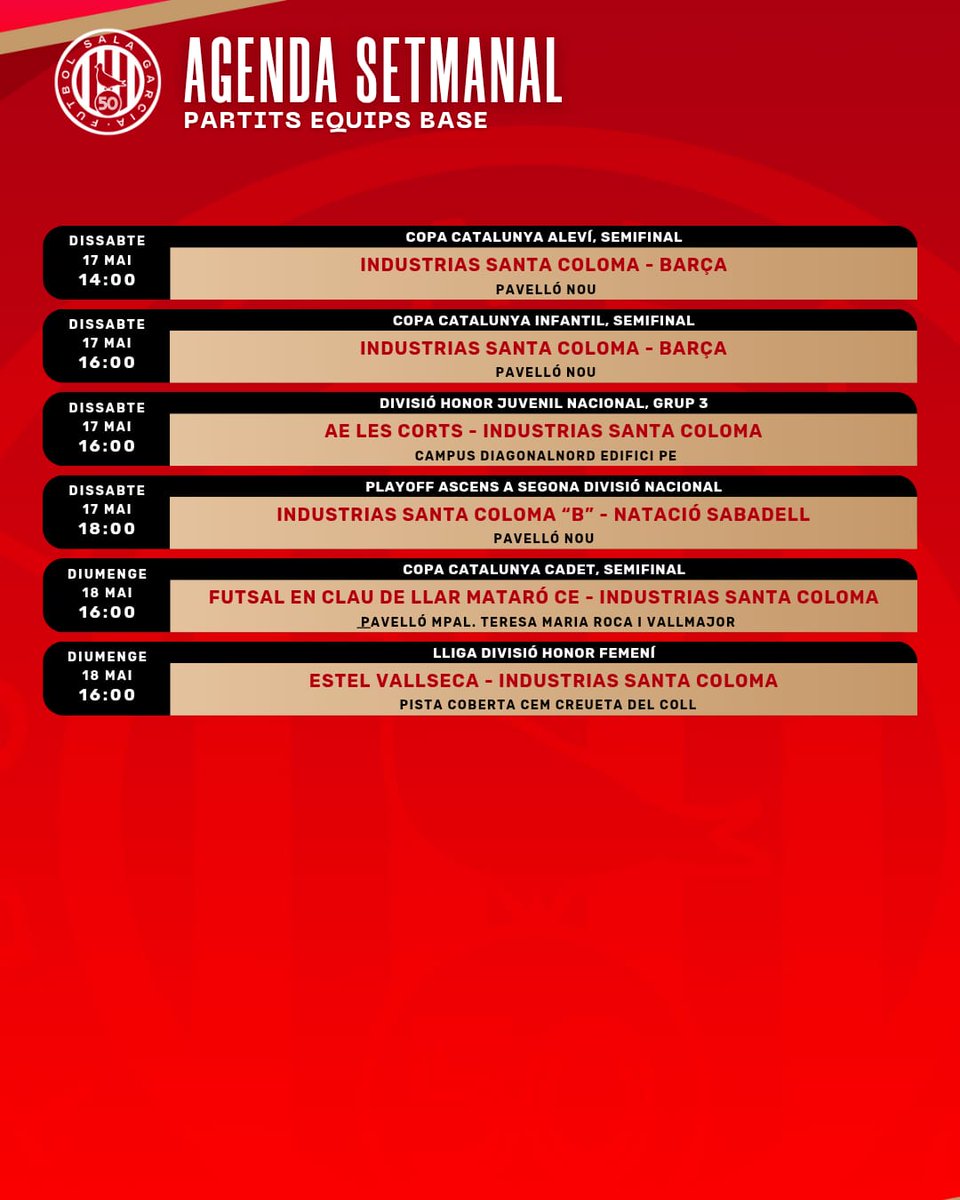 fsalagarcia's tweet image. 📢Resultats #equipsformatius:

🏆Copa Catalunya (semifinals)

FS Olesa 2⃣ - Benjamí 3⃣
Futsal Mataró 1⃣1⃣ - Juvenil 4⃣

I fem un cop d'ull 👀 a l'agenda dels partits d'aquest cap de setmana👇