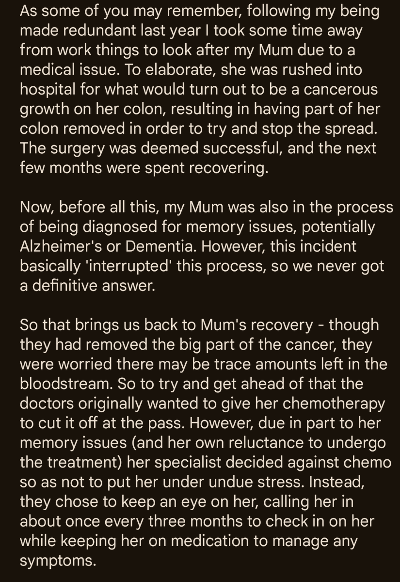 The_B's tweet image. Bit of a life "update" such as it is, given it's now been a year since the last one. 

tl:dr - Sadly my Mum's illness has now become terminal &amp;amp; she's unlikely to make the end of the year, so taking care of her is understandably remaining my main focus right now. 

Fuck Cancer.