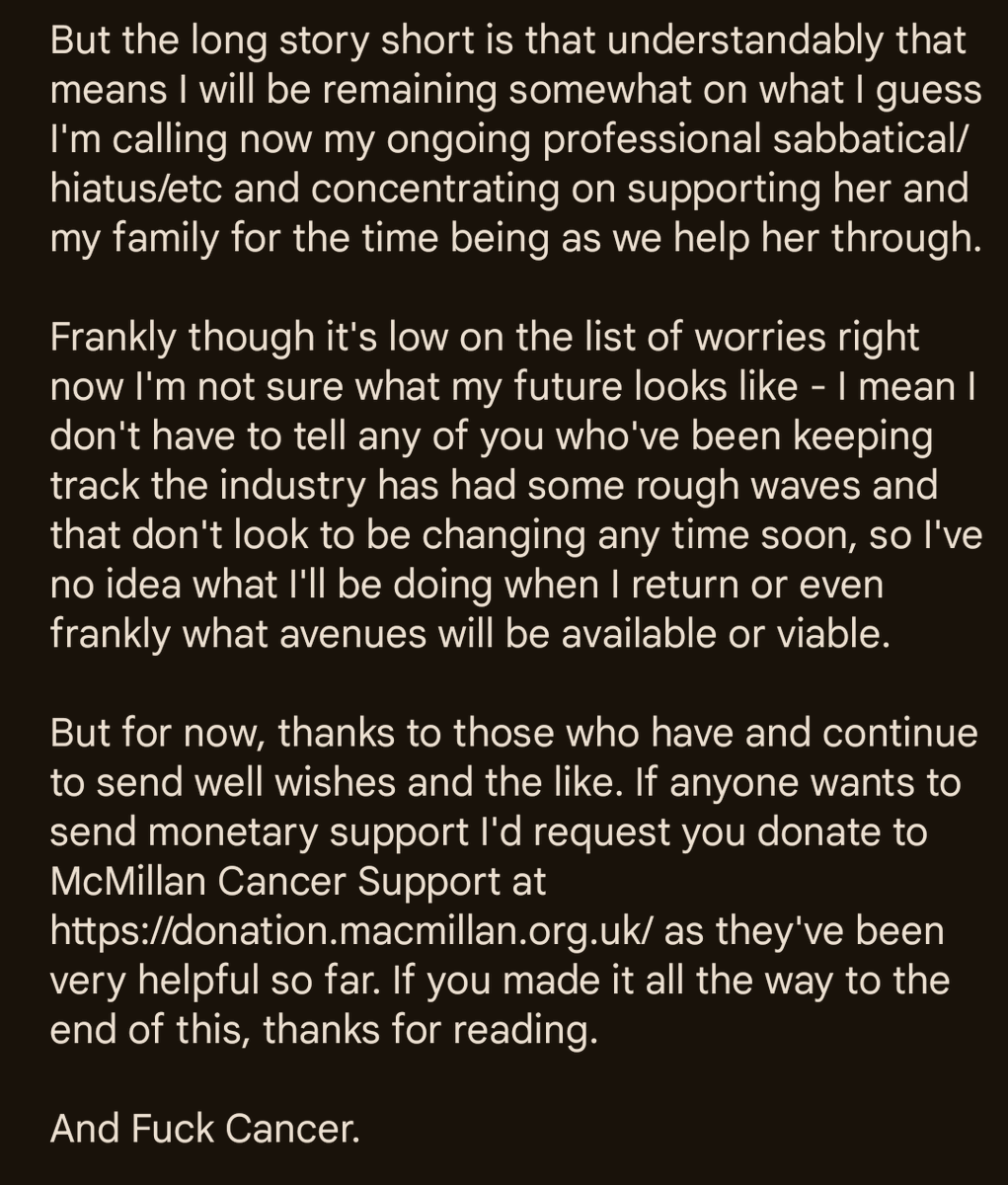 The_B's tweet image. Bit of a life "update" such as it is, given it's now been a year since the last one. 

tl:dr - Sadly my Mum's illness has now become terminal &amp;amp; she's unlikely to make the end of the year, so taking care of her is understandably remaining my main focus right now. 

Fuck Cancer.