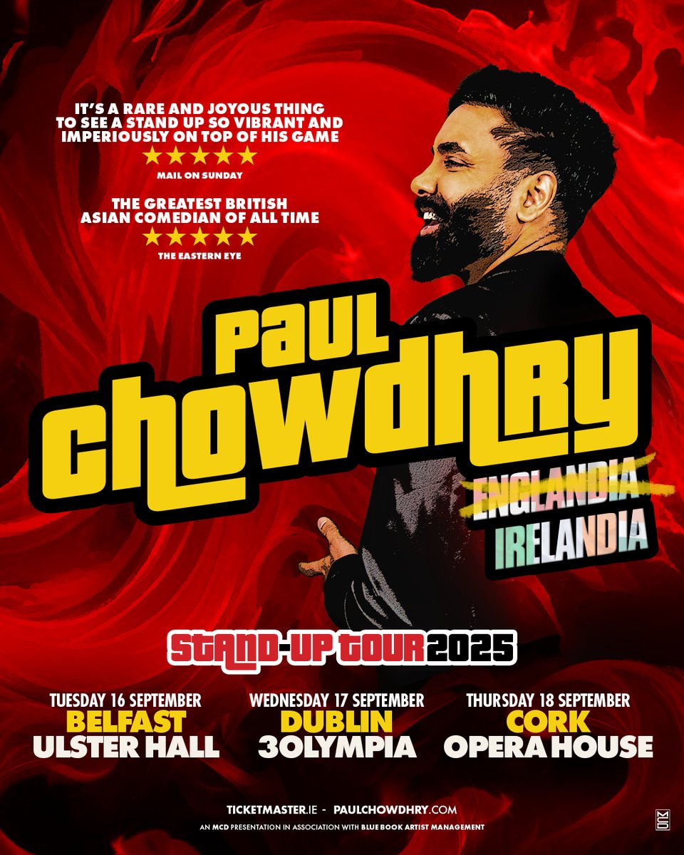 MCD Productions (@mcd_productions) on Twitter photo 🌟 Multi-award-winning stand-up comedian, actor and writer @PaulChowdhry brings his brand new stand-up tour around Ireland this September, coming to Belfast's <a href="/UlsterHall/">Ulster Hall | Live Entertainment Belfast</a>, Dublin's @3OlympiaTheatre and finally <a href="/CorkOperaHouse/">Cork Opera House</a> ⚡️
🎟️ Tickets available bit.ly/Paul-Chowdhry-… / 🌟 Multi-award-winning stand-up comedian, actor and writer @PaulChowdhry brings his brand new stand-up tour around Ireland this September, coming to Belfast's <a href="/UlsterHall/">Ulster Hall | Live Entertainment Belfast</a>, Dublin's @3OlympiaTheatre and finally <a href="/CorkOperaHouse/">Cork Opera House</a> ⚡️
🎟️ Tickets available bit.ly/Paul-Chowdhry-… /