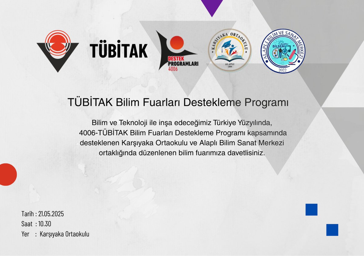 Alaplibilsem's tweet photo. 4006-TÜBİTAK Bilim Fuarları Destekleme Programı kapsamında, Alaplı Bilim ve Sanat Merkezi ve Karşıyaka Ortaokulu iş birliğiyle gerçekleştireceğimiz Bilim Fuarımıza sizleri de bekliyoruz!

Tarih: 21 Mayıs 2025
Saat: 10.30
Yer: Karşıyaka Ortaokulu
@cevatcevik67 @aktrgn @Ersan1071 https://t.co/WokqmNOTo9