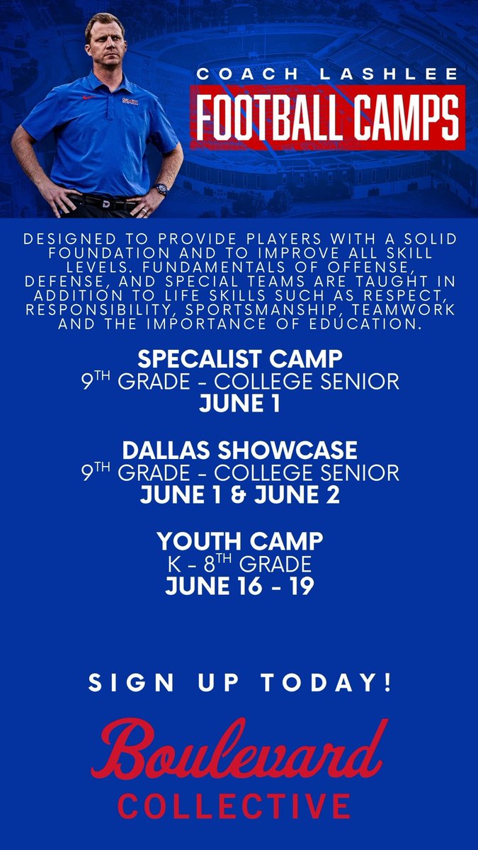 Visit COACHLASHELEECAMPS.com. Be great to see you <a href="/SMUFB/">SMU Football</a> <a href="/TheBoulevardNIL/">Boulevard Collective</a>