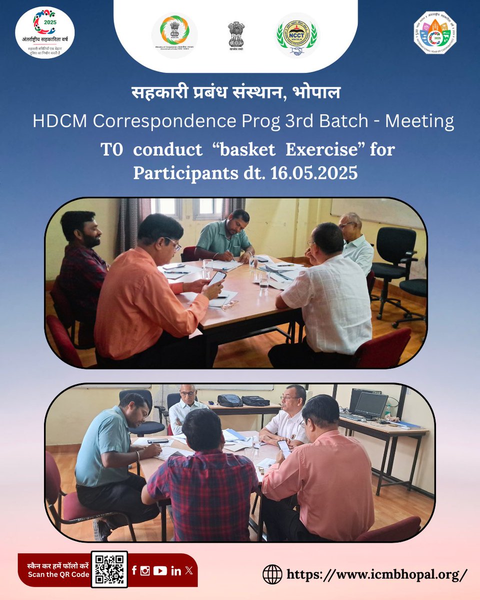 icmbhopal's tweet photo. HDCM Correspondence Prog 3rd Batch - Meeting to conduct “basket Exercise” for Participants dt. 16.05.2025
@MinOfCooperatn @ncct_institutes
#ncct #sahkarsesamriddhi #ministryofcooperation #icmbpl #icmbhopal #cooperativetraining #icm_bhopal #pacs #empoweringcooperatives https://t.co/rDE0zoRl4K