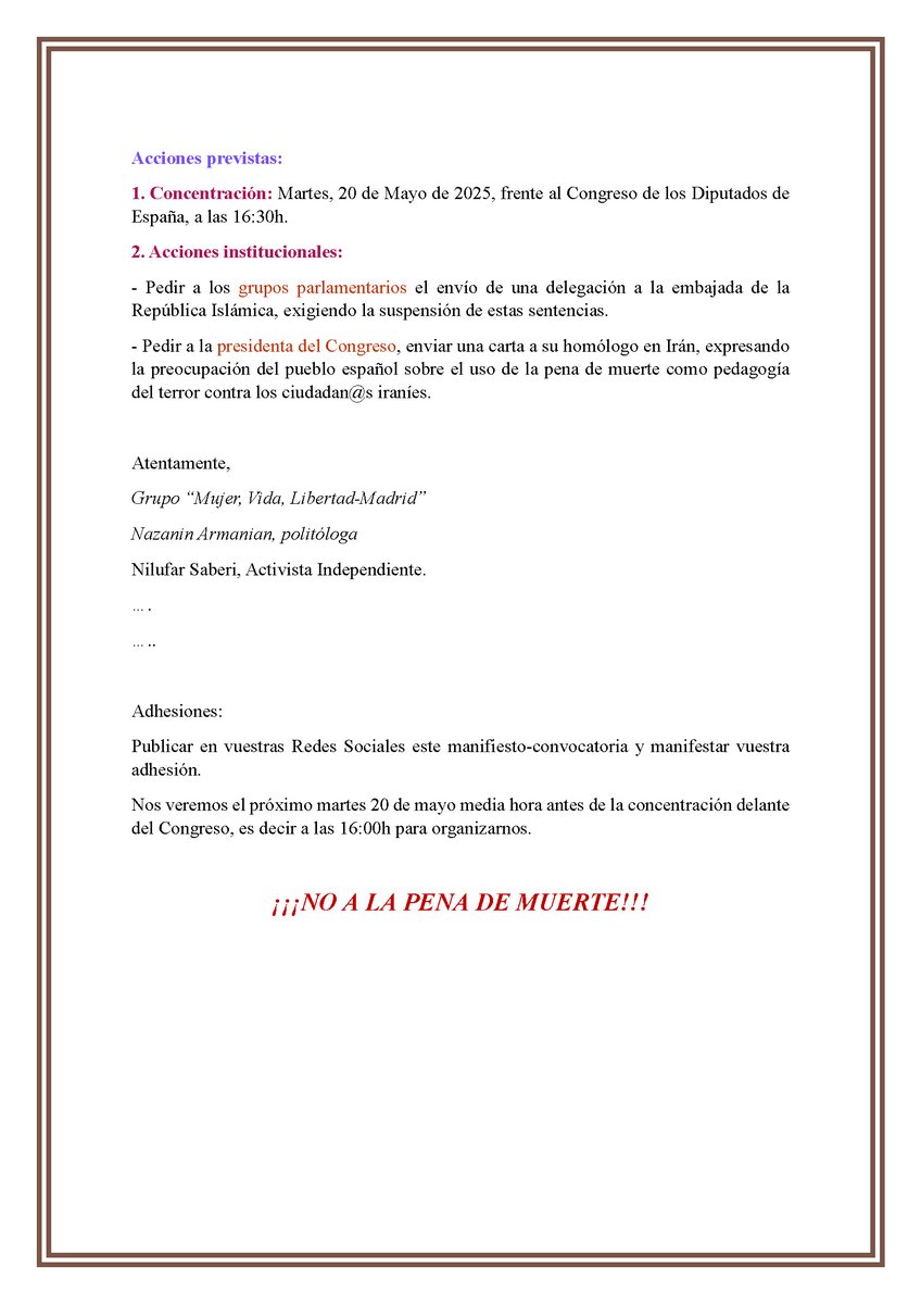 🚨ACCIÓN URGENTE: paremos las ejecuciones de las activistas iraníes Varisheh Moradi, Pakhshan Azizi y Sharifeh Mohammadi. Nos sumamos a la petición de #MujerVidaLibertad en Madrid y las compañeras Nilufar Saberi y <a href="/nazaninarmanian/">nazanin</a>. 
🙋‍♀️CONCENTRACIÓN el martes 20/5/25 16:30h frente