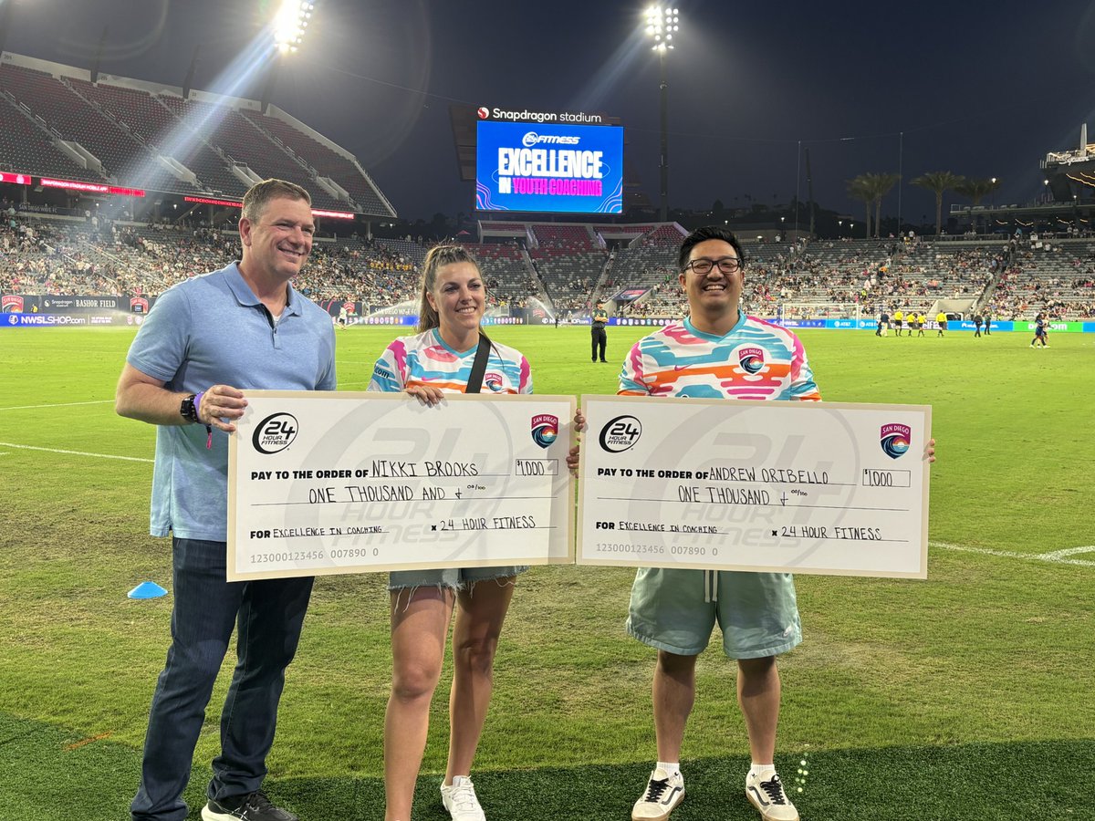 KarlSanft's tweet photo. Last Saturday at the San Diego Wave vs. Portland Thorns match, I had the privilege of presenting checks to two outstanding local coaches as part of our Excellence in Coaching Award. These individuals represent everything we value at 24 Hour Fitness; leadership, dedication, and a deep commitment to helping young athletes grow both on and off the field. It was an inspiring moment to recognize coaches who show up day after day, shaping the next generation through sports and mentorship. We’re proud to support them and to continue our investment in the communities we serve. Congratulations to this year’s honorees, and thank you for the work you do. https://t.co/Ndpck7GDfQ