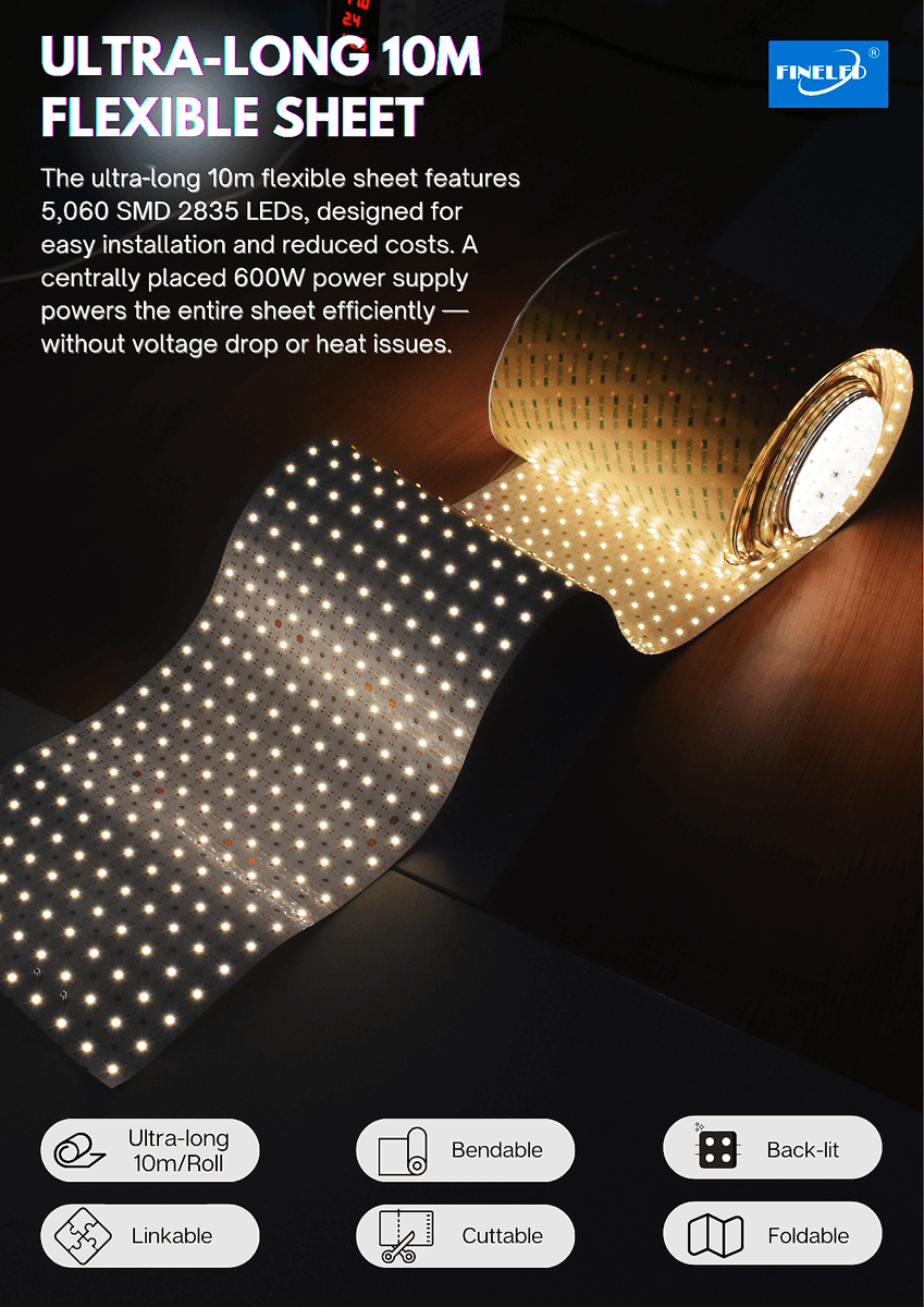 fineledlights's tweet photo. The ultra-long 10m flexible sheet features 5,060 SMD 2835 LEDs, designed for easy installation and reduced costs. A centrally placed 600W power supply powers the entire strip efficiently — without voltage drop or heat issues. https://t.co/AWYUAwPMQy