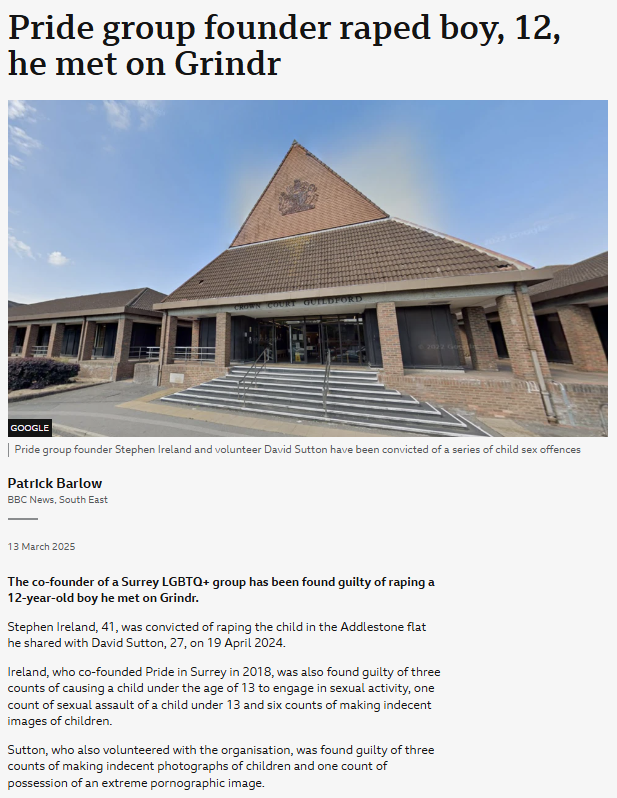 Pride Hub Egham opened a few weeks ago. It was meant to have been opened by its founder, Stephen Ireland, but he was on trial for child rape at the time. This week it ran a 'Baby Shower', featuring 'Sorry Daddy' t-shirts, and had attempted murderer Sarah Jane Baker perform