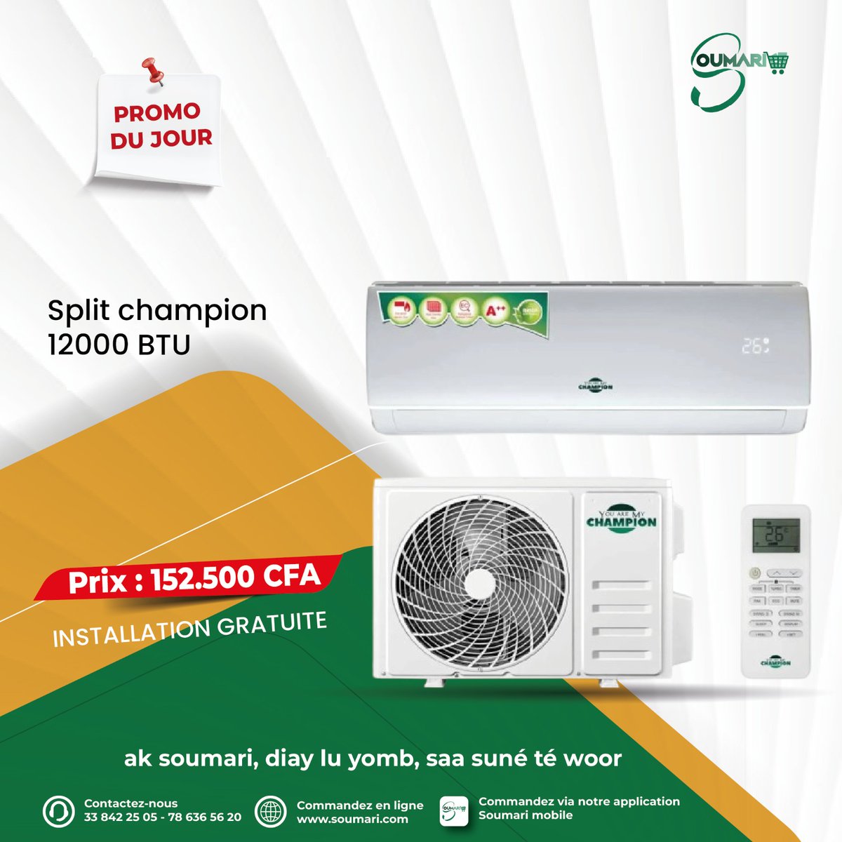 Soumaricom's tweet photo. 💫 PROMOS DU JOUR 💫   

Conçus pour transformer votre espace en un paradis de fraîcheur et de confort absolu, ces splits Champion sont de véritables chefs-d’œuvre de technologie ! 😍
Commandez aujourd'hui et l'installation vous est offerte ! 👌🏽

🌐 Commandez vite sur https://t.co/SbqsSHbP8Q
📲 Ou via notre application mobile Soumari 
📌 Agence Soumari rue Félix Eboué, à côté du rond-point Pompier 
📞 33 842 25 05 ou au 78 636 56 20

Ak Soumari, diay lu yomb, saa suné té woor ! 

#promodujour #soumari #split #champion #installationgratuite #electromenager