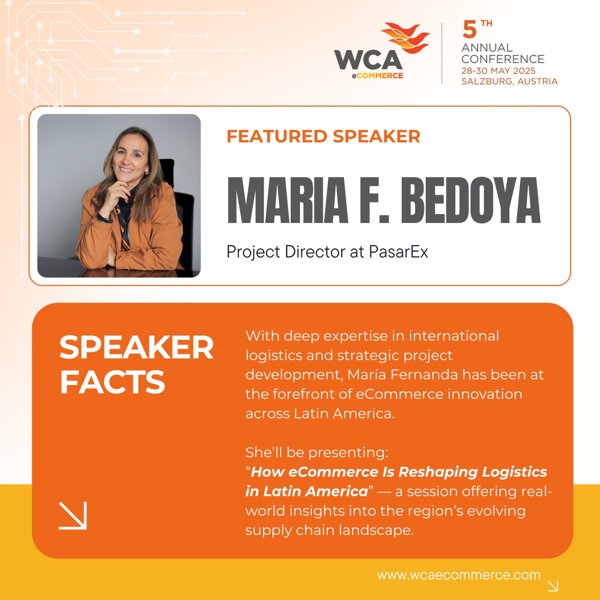 We’re excited to welcome María Fernanda Bedoya, Project Director at PasarEx, to the stage at the 5th Annual WCA eCommerce Conference. She’ll be sharing insights in the session: “How eCommerce Is Reshaping Logistics in Latin America” Register now: conferences.wcaworld.com/WCAecommerce20…