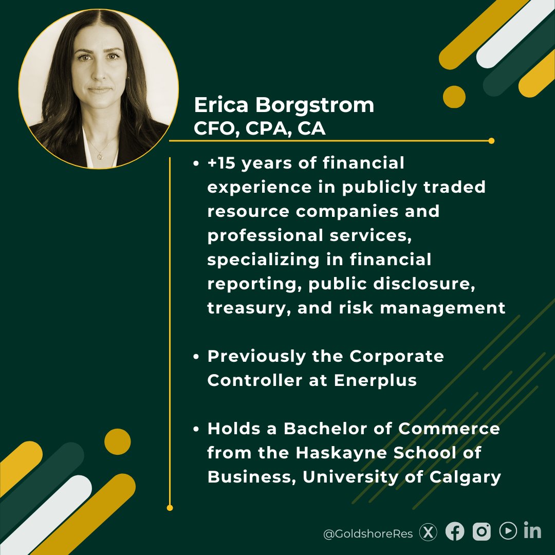 Meet Erica Borgstrom, CFO of Goldshore Resources! With 15+ years of experience in financial leadership across public resource companies, Erica brings deep expertise in reporting, disclosure, treasury, and risk management—supporting the strategic growth of our Moss Gold Project.