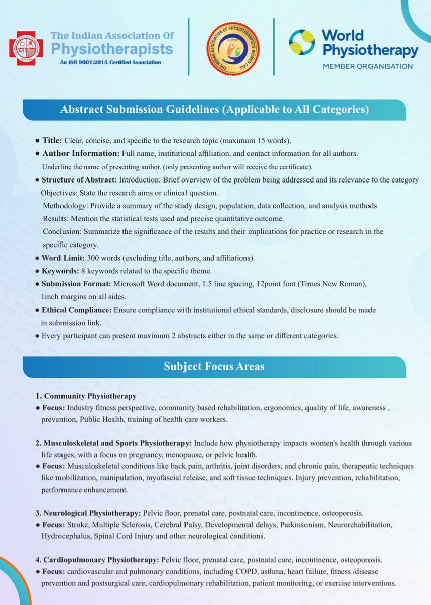 india_iap's tweet image. Be a part of Scientific Paper &amp;amp; Poster Presentation at 3rd National Conference of IAP Women Cell &amp;amp; Physio Manthan on 13th &amp;amp; 14th September.
Link for Abstract Submission:
app.oxfordabstracts.com/stages/78955/s…
Conference Registration:
physiomanthan.iapconference.in/#/DelegateRegi…

#researchpaper #abstractsubmissions