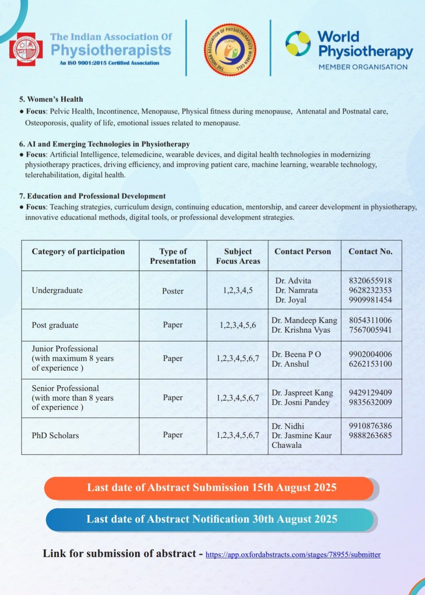 india_iap's tweet image. Be a part of Scientific Paper &amp;amp; Poster Presentation at 3rd National Conference of IAP Women Cell &amp;amp; Physio Manthan on 13th &amp;amp; 14th September.
Link for Abstract Submission:
app.oxfordabstracts.com/stages/78955/s…
Conference Registration:
physiomanthan.iapconference.in/#/DelegateRegi…

#researchpaper #abstractsubmissions