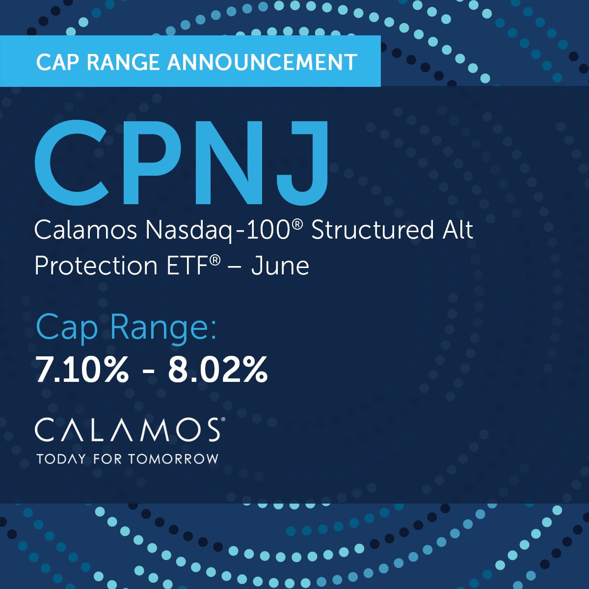 $CPNJ is approaching the end of its outcome period, offering investors a refreshed cap range of 7.10% - 8.02% for its upcoming one-year outcome period, resetting on May 30th.

CPNJ is designed to offer:

• 100% downside protection
• Growth potential linked to Nasdaq-100®
• Tax