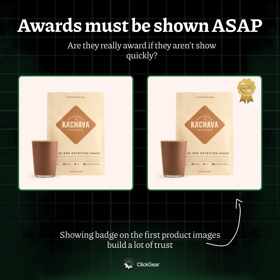The first product image isn’t just for the product.
It’s your most viewed asset.

So don’t waste it.
Show your award, your badge, your proof.

It builds trust before they even scroll.
