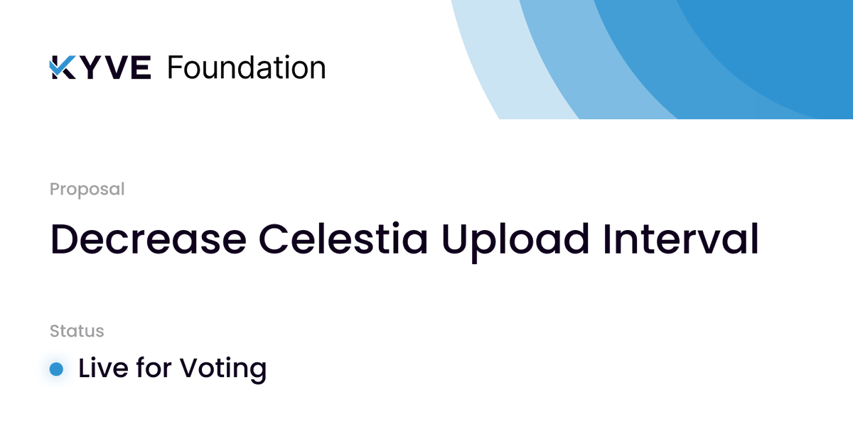 🗳️ A new governance proposal is now live on KYVE Mainnet!

Proposal #54: Decrease Celestia Upload Interval.
If passed, this update will reduce the upload interval for Celestia data from 120 seconds to 60 seconds - doubling the upload frequency and increasing archiving speed.

📥