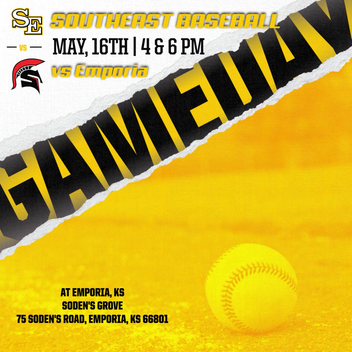 Good luck to the SE Baseball team today, May 16th, as they wrap up the season on the road in Emporia to face off against the Spartans. Games are being played at Soden's Grove. #GoBuffs