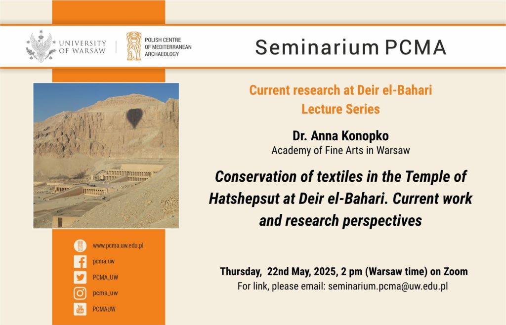 PCMA_UW's tweet photo. #PCMASeminar on🔸Current research at Deir el-Bahari🔸
🔹Dr. Anna Konopko (Academy of Fine Arts in Warsaw): "#Conservation of #textiles in the Temple of #Hatshepsut at Deir el-Bahari"
🗓Thu, 22/05, 2 pm (Warsaw time) on Zoom
🔗https://t.co/EkMzF6m29b
#ancientEgypt #archaeology https://t.co/nSUrnVClAi