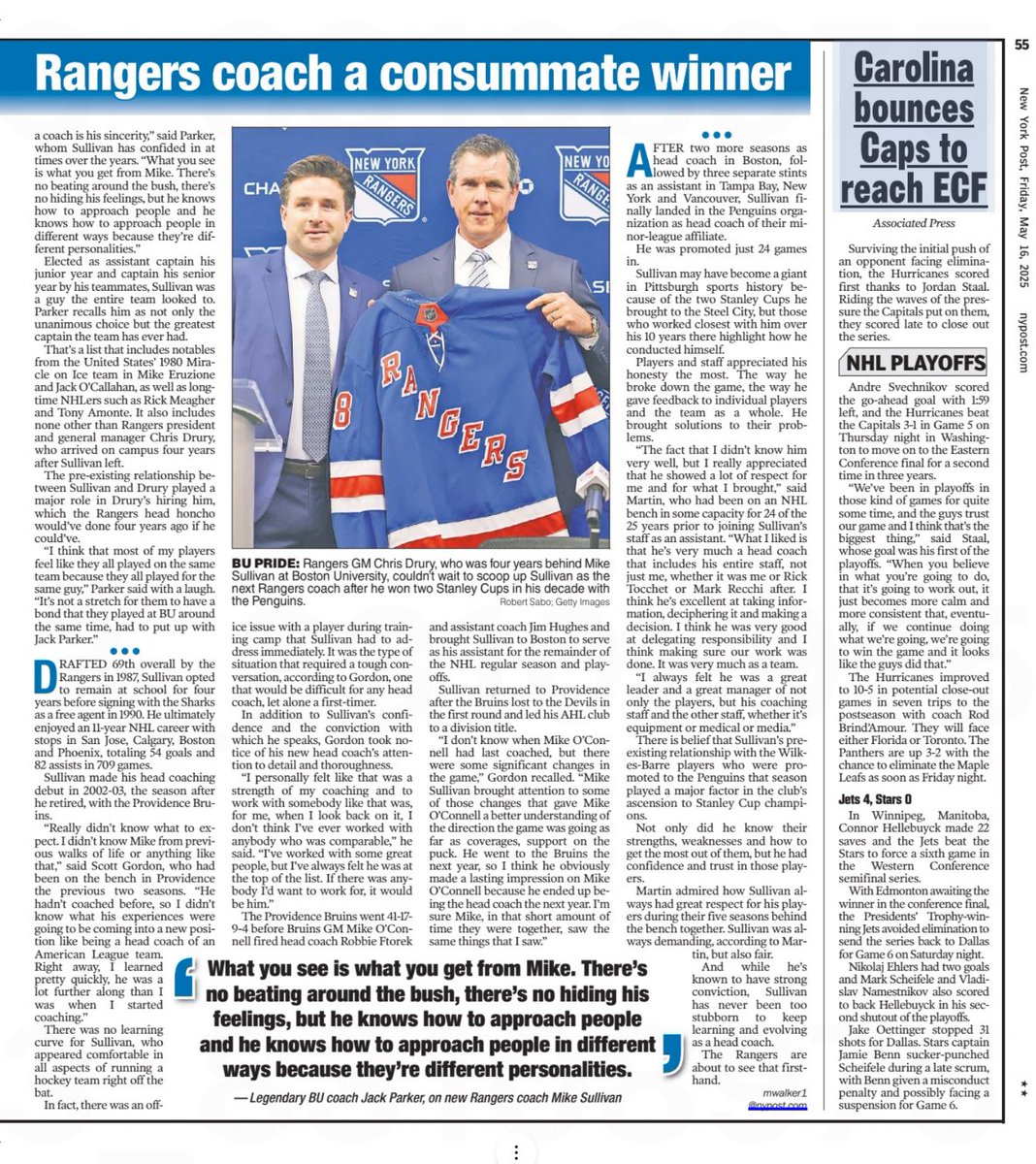 Mollie Walker (@mollieewalkerr) on Twitter photo On Mike Sullivan’s journey to becoming head coach of the #NYR ⬇️
Hear from legendary BU coach Jack Parker, Sullivan’s first assistant coach Scott Gordon and former Penguins assistant Jacques Martin.
“He knows how to approach people.”
bit.ly/4jQAWbs via <a href="/nypostsports/">New York Post Sports</a> On Mike Sullivan’s journey to becoming head coach of the #NYR ⬇️
Hear from legendary BU coach Jack Parker, Sullivan’s first assistant coach Scott Gordon and former Penguins assistant Jacques Martin.
“He knows how to approach people.”
bit.ly/4jQAWbs via <a href="/nypostsports/">New York Post Sports</a>
