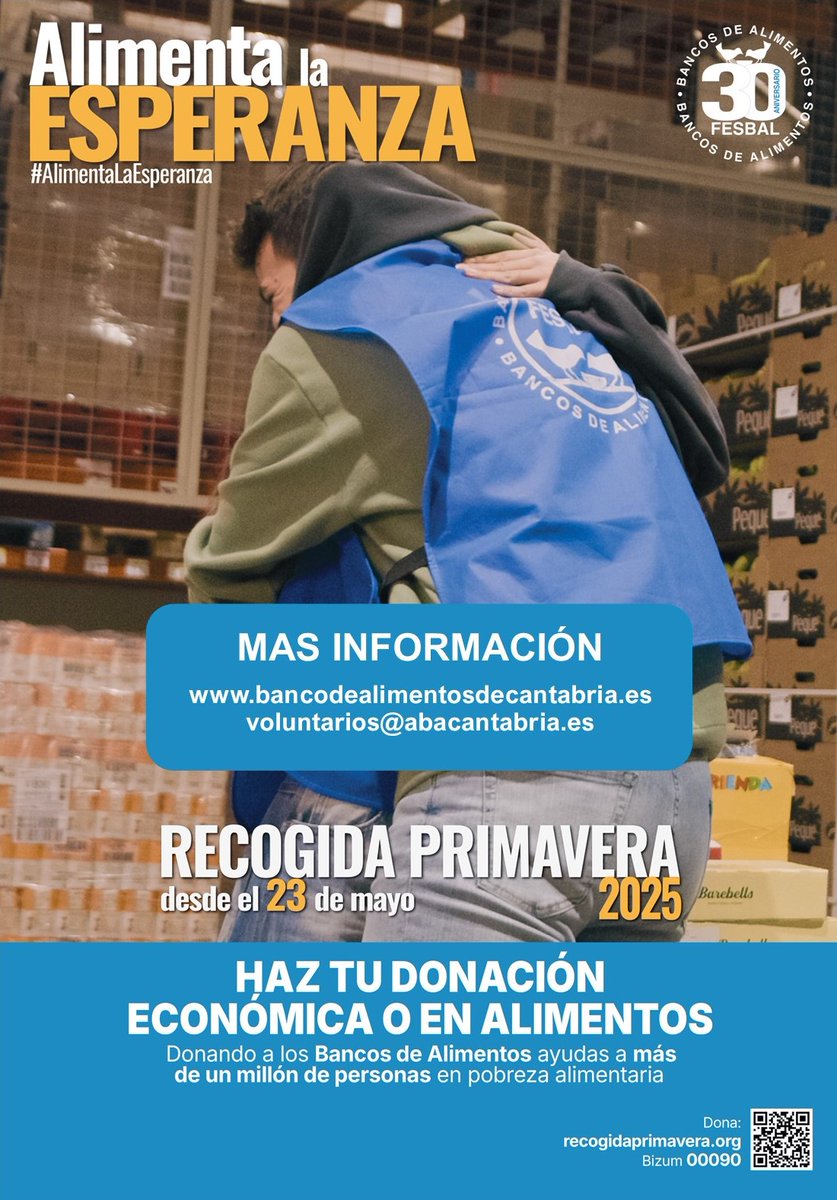 ¡Vuelve la Operación Recogida de Primavera! 23 y 24 de mayo en Supermercados de toda Cantabria
Colabora donando alimentos en tu supermercado habitual, participando como voluntari@ o difundiendo este mensaje
#BancoDeAlimentosCantabria #RecogidaPrimavera2025 #CantabriaSolidaria