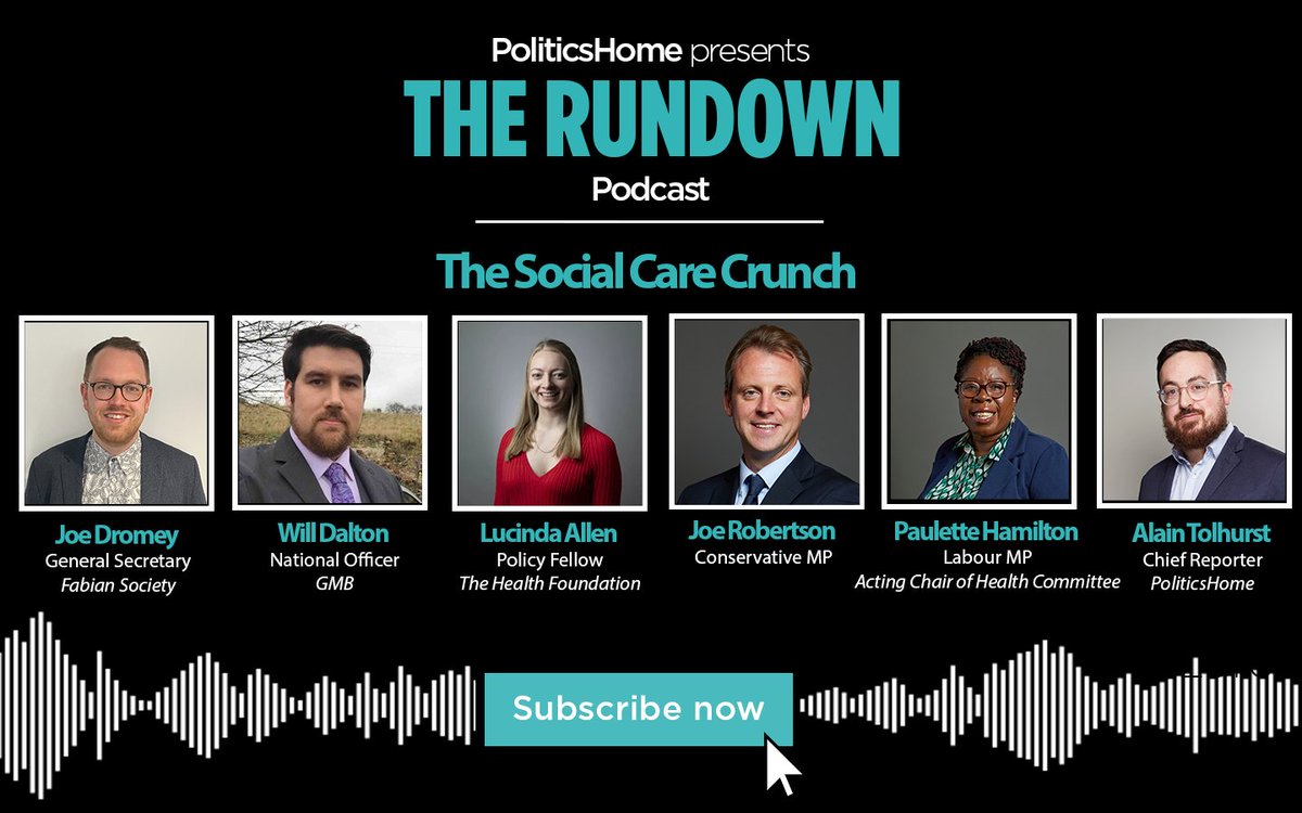 PoliticsHome (@politicshome) on Twitter photo 🚨OUT NOW🚨 The Social Care Crunch
MPs <a href="/PauletteHamilto/">Paulette Hamilton MP</a> and <a href="/JoePJRobertson/">Joe Robertson MP</a>, health policy fellow <a href="/LucindaRAllen/">Lucinda Allen</a>, GMB's <a href="/WillDaltonGMB/">Will Dalton</a> and The Fabian Society's <a href="/Joe_Dromey/">Joe Dromey</a> join <a href="/Alain_Tolhurst/">Alain Tolhurst</a> to discuss the crisis in social care
🎧 Listen: pod.fo/e/2d63ad 🚨OUT NOW🚨 The Social Care Crunch
MPs <a href="/PauletteHamilto/">Paulette Hamilton MP</a> and <a href="/JoePJRobertson/">Joe Robertson MP</a>, health policy fellow <a href="/LucindaRAllen/">Lucinda Allen</a>, GMB's <a href="/WillDaltonGMB/">Will Dalton</a> and The Fabian Society's <a href="/Joe_Dromey/">Joe Dromey</a> join <a href="/Alain_Tolhurst/">Alain Tolhurst</a> to discuss the crisis in social care
🎧 Listen: pod.fo/e/2d63ad