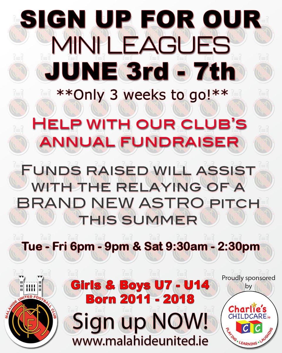 ️⚽️ Mini Leagues 2025 ⚽️️

❗️Only 3 weeks away ❗️

Our annual fundraising event will go towards the renovation works on our old all weather pitch

📍Gannon Park

🗓️ June 3rd-7th

Open to boys &amp; girls u7-14 (2018-2011)

Don't miss out
Sign up now online - malahideunited.ie/mini-leagues/