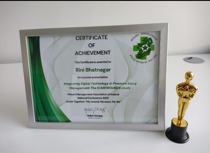 BhatnagarRini's tweet photo. Delighted to announce that ICAREWOUNDS project poster was awarded second prize at the Wound Management Association of Ireland Conference 2025 in Portlaoise. 

A heartfelt thank you to all who contributed to this achievement.

#AI #woundcare https://t.co/ibIcZLv7fy