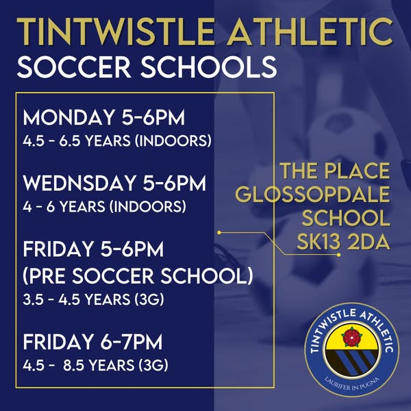 Tintwistle Athletic (@tinnyathleticfc) on Twitter photo Join Our Soccer Schools at <a href="/GSThePlace/">GSThePlace</a>!
We offer fun soccer sessions for kids aged 3.5 to 8.5. Monday & Friday Sessions: Call Chris at 07837 597267 to book in advance.
Wednesday Session: Just turn up (ยฃ4) or email jillcrossland@outlook.com to book in advance.
Come and have fun! Join Our Soccer Schools at <a href="/GSThePlace/">GSThePlace</a>!
We offer fun soccer sessions for kids aged 3.5 to 8.5. Monday & Friday Sessions: Call Chris at 07837 597267 to book in advance.
Wednesday Session: Just turn up (ยฃ4) or email jillcrossland@outlook.com to book in advance.
Come and have fun!