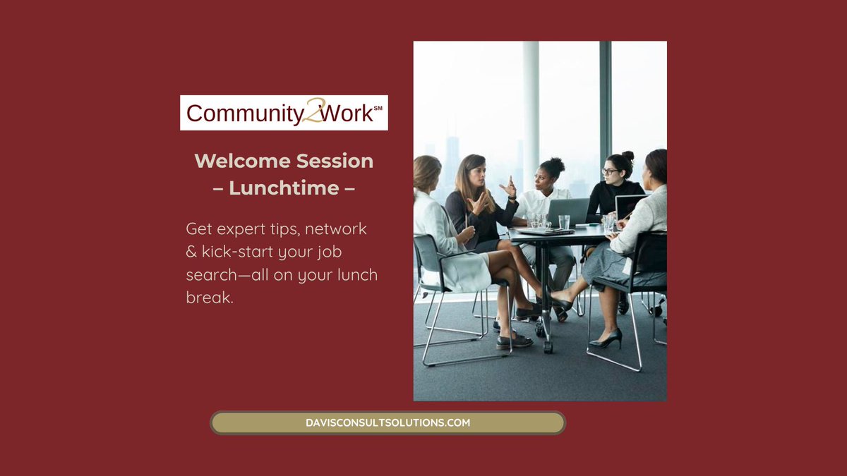 davisconsulting's tweet image. ⏰ Our FREE virtual Community2Work® Welcome Session starts at 12 PM, today.

Get expert tips, network &amp;amp; kick‑start your job search—all on your lunch break.

Save your seat → tinyurl.com/mr27pymc 

#Community2Work #JobSeekers #ProfessionalDevelopment @msdavisofpgh
