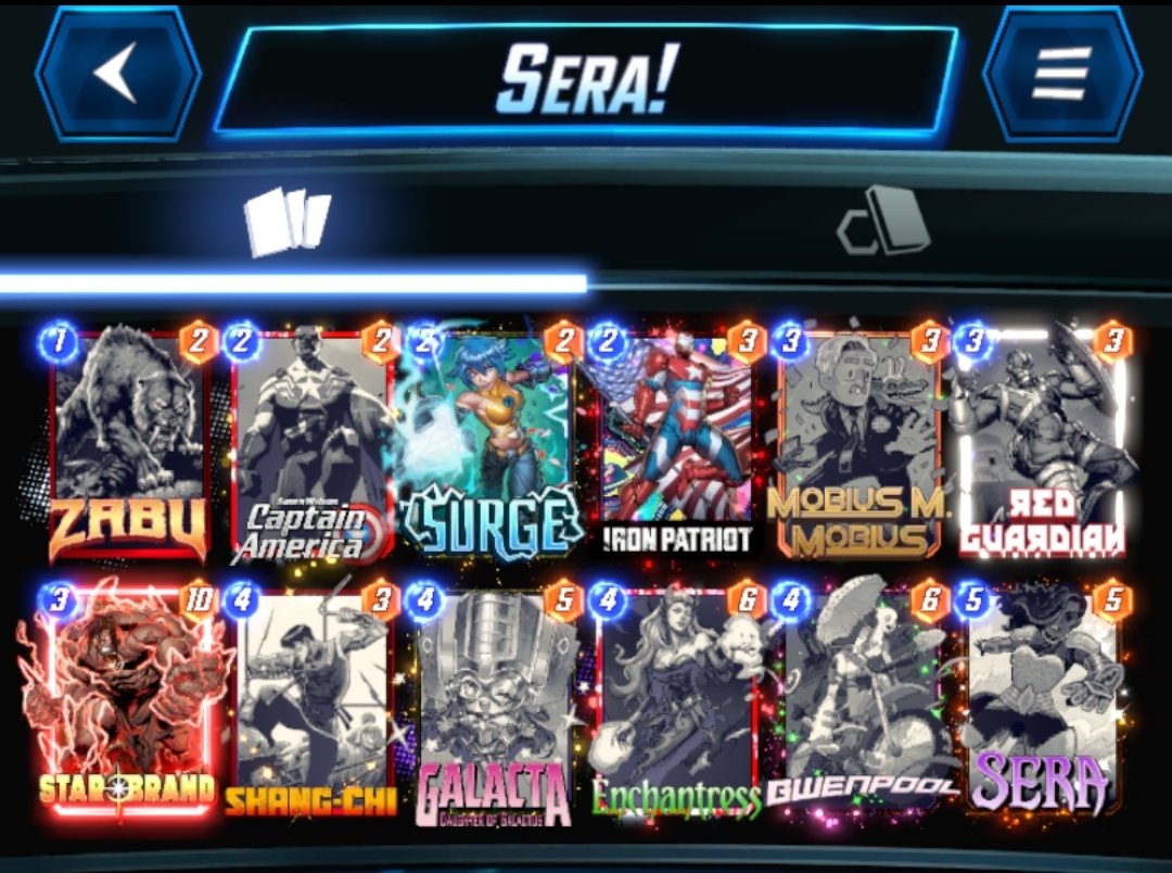 oEltinho's tweet image. Got Infinite with Surge Sera. I love Sera, I love Zabu (miss your 2 mana form, buddy), therefore I love Surge. If decks had 14 slots, Shadow King and Killmonger would be there, as they did through some points of the climb. 
@BornToBeCosmo @SnapDecks @SnapDecisions53