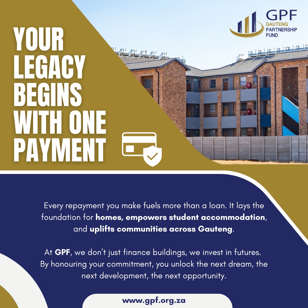 Your Legacy Begins with One Payment.
Every loan repayment is more than a figure, it’s a step towards homes for families, accommodation for students, and thriving communities across Gauteng.

At GPF, we believe in creating more than buildings, we create futures. By honouring your